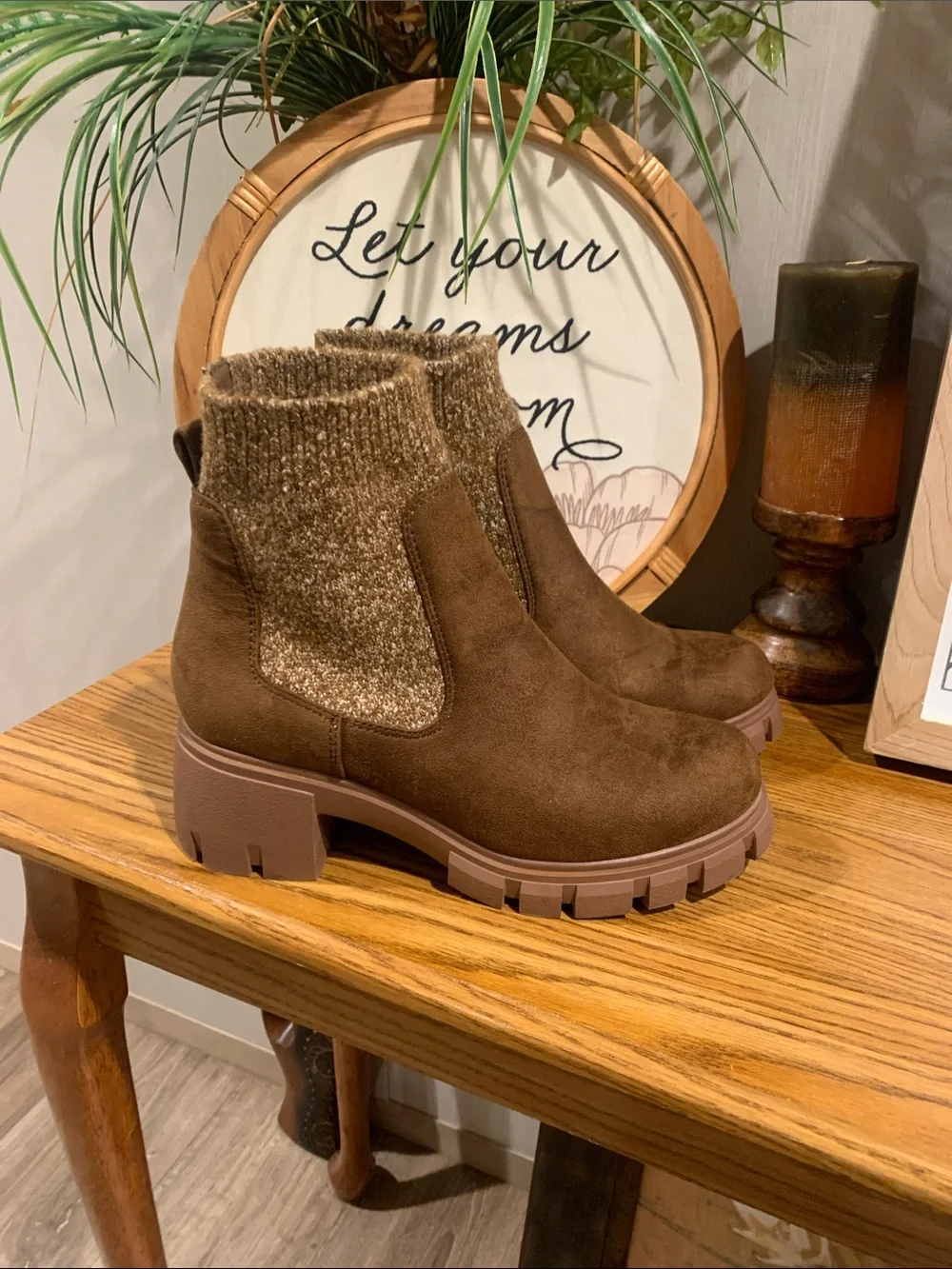 Women's Brown Suede Chunky Chelsea Boot with Knit Collar